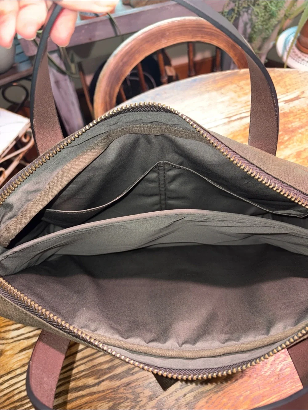 Like new Filson Tincloth Compact Briefcase with Dark Brown Leather